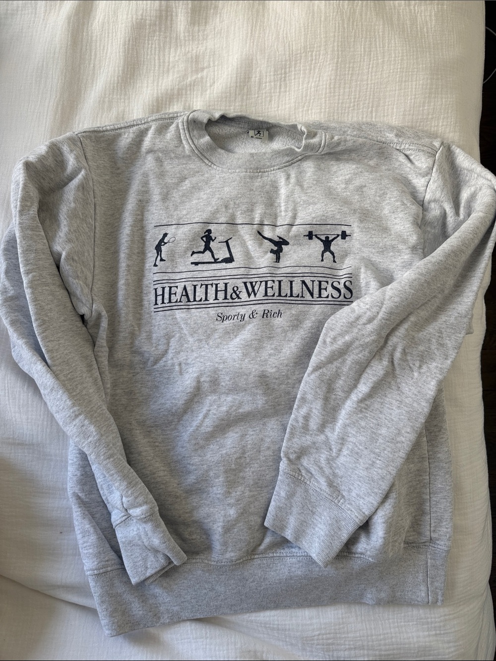 Sporty & Rich Light Heather Gray Crewneck with Navy 'Health & Wellness' Logo